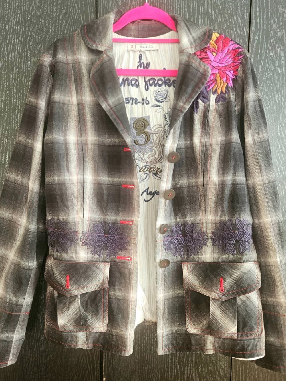 3J Workshop by Johnny Was Mina Jacket / Embroidered Plaid Blazer Y2K Boho Size M